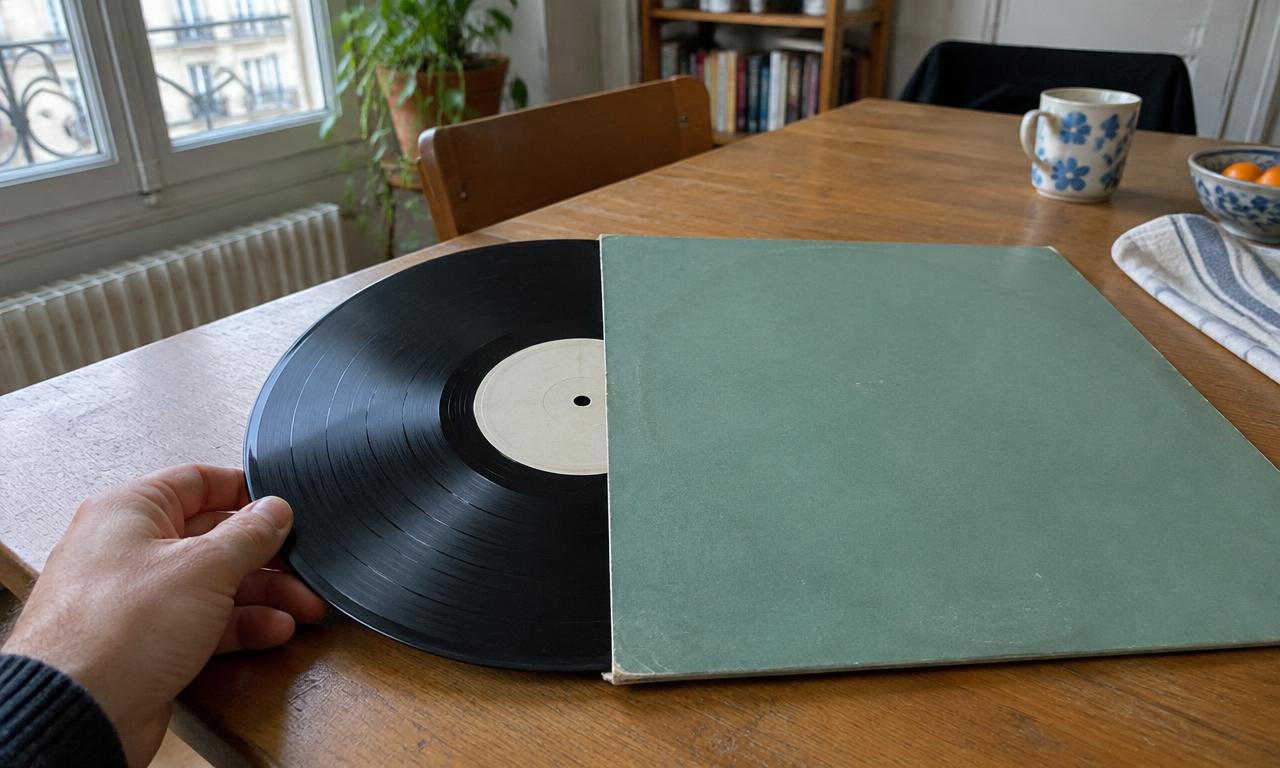 Un disque sorti de sa pochette sur une table près de la fenêtre