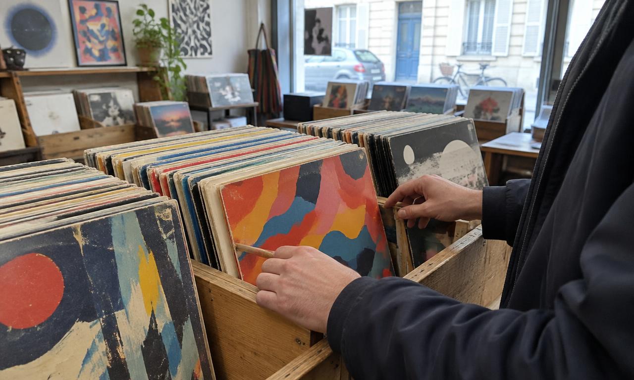 Des mains feuillettent des pochettes dans les bacs d’un disquaire